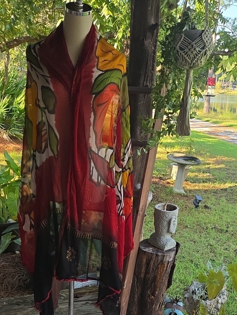 Red Multi-color Art To Wear Sheer Large Shoulder Wrap